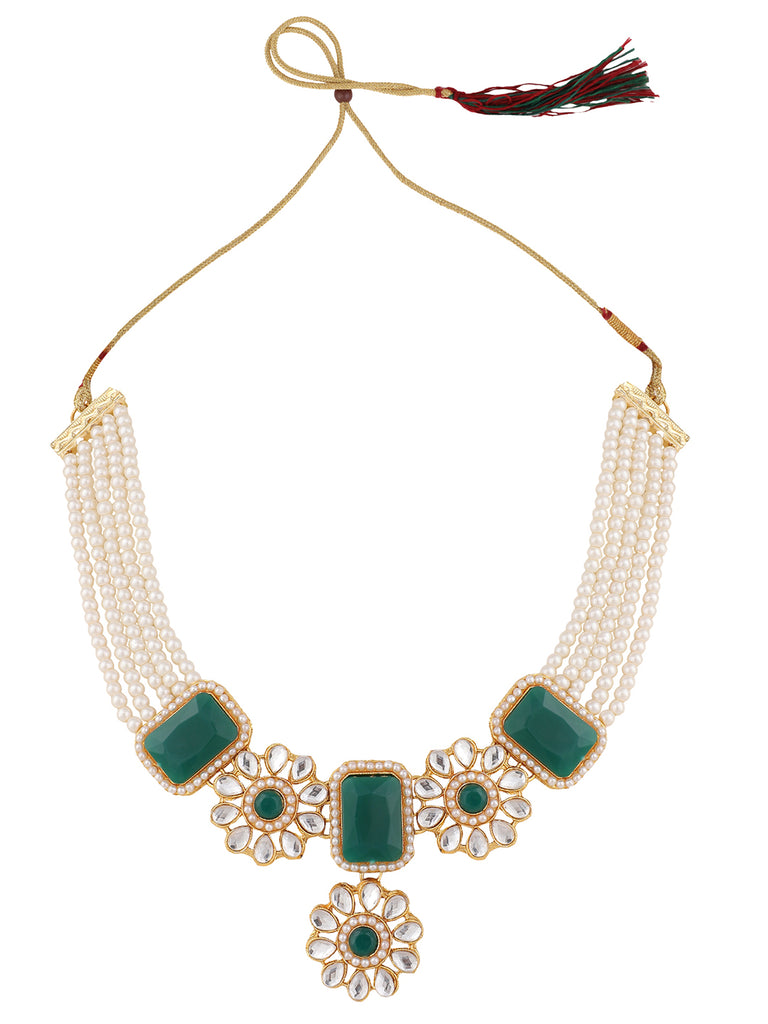 Women's Pearl And Stone Emerald Green Choker Necklace