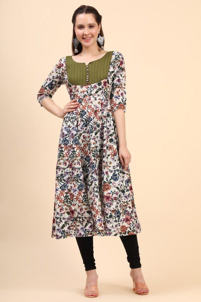 Women's Floral Print Poplin Anarkali With Pintucks At Yoke