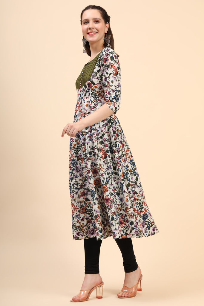 Women's Floral Print Poplin Anarkali With Pintucks At Yoke