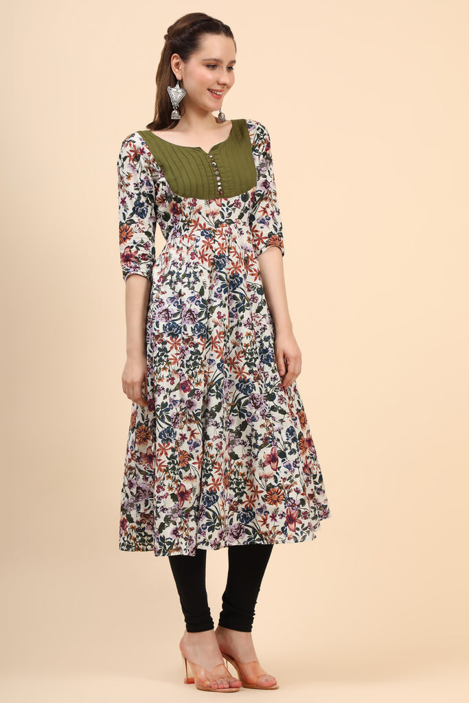 Women's Floral Print Poplin Anarkali With Pintucks At Yoke