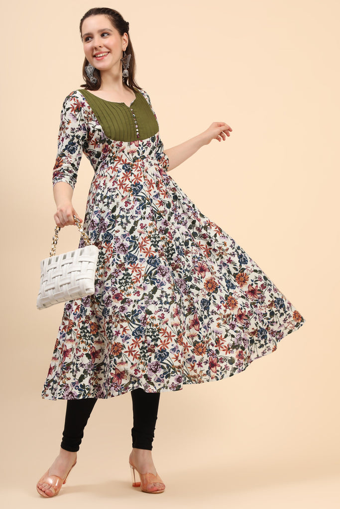 Women's Floral Print Poplin Anarkali With Pintucks At Yoke