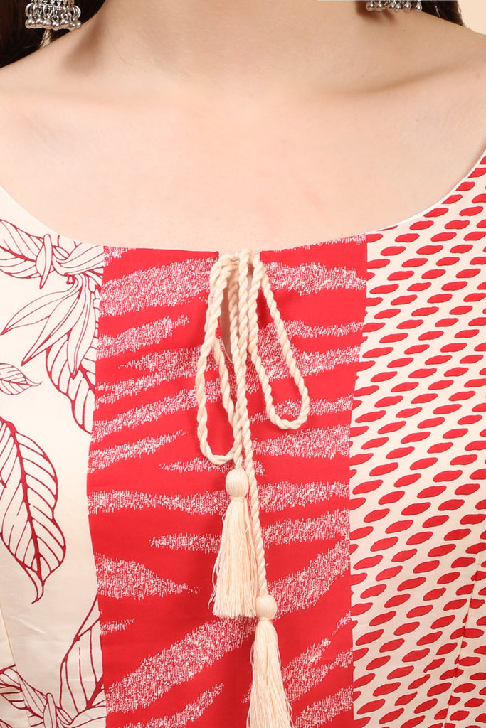 Women's Red And Cream Gather Dress In Cambric
