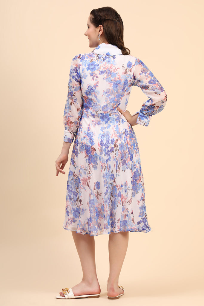 Women's Printed White Chiiffon Casual Midi Dress