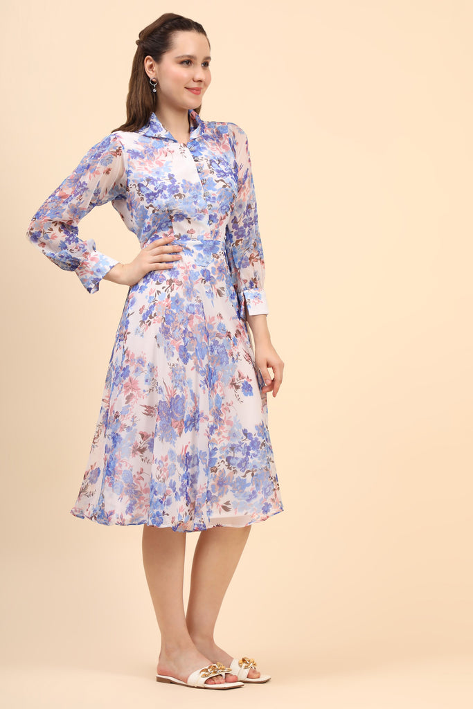 Women's Printed White Chiiffon Casual Midi Dress