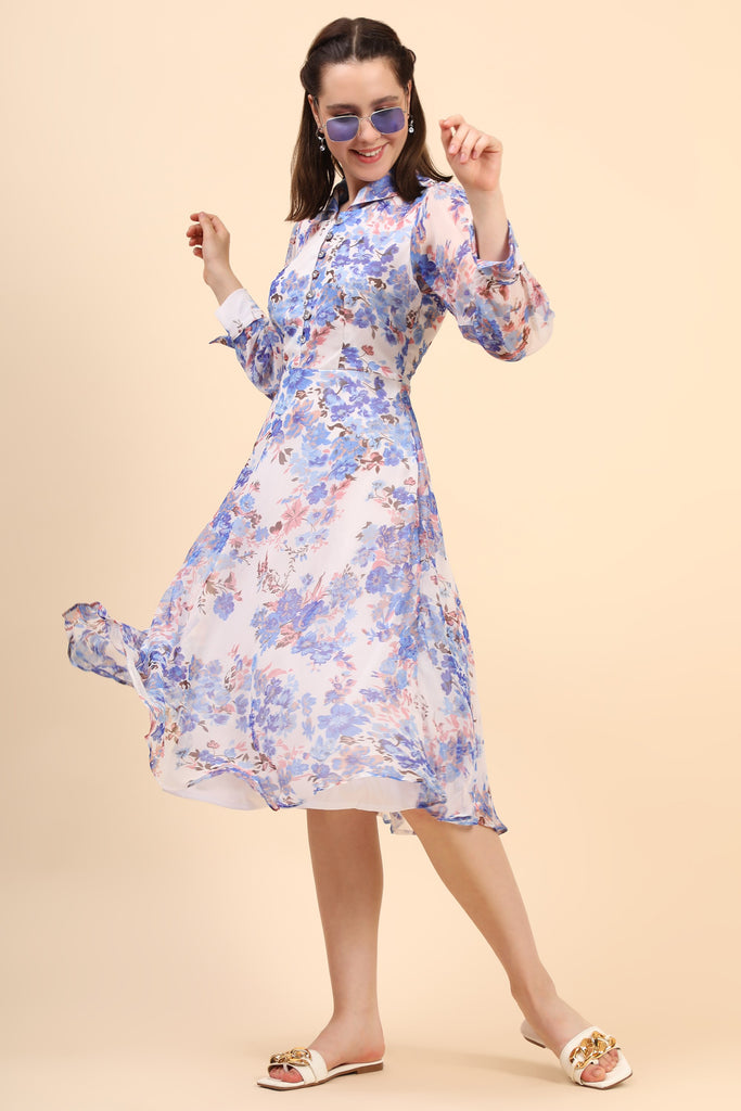 Women's Printed White Chiiffon Casual Midi Dress