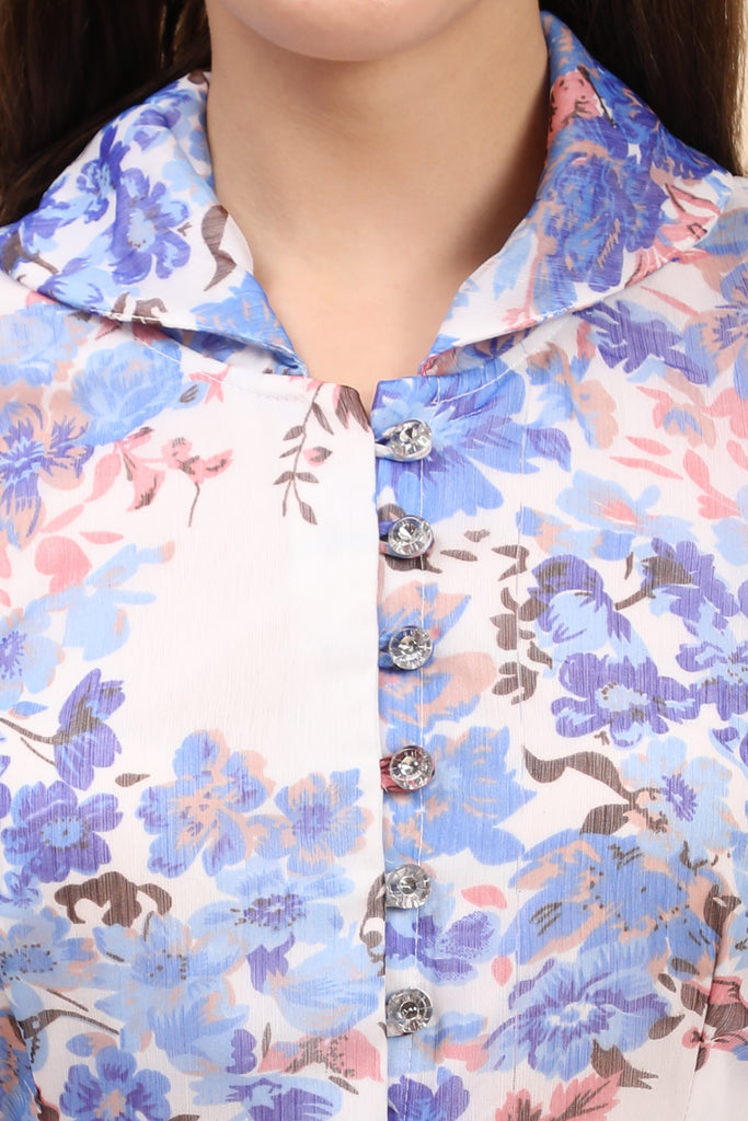 Women's Printed White Chiiffon Casual Midi Dress