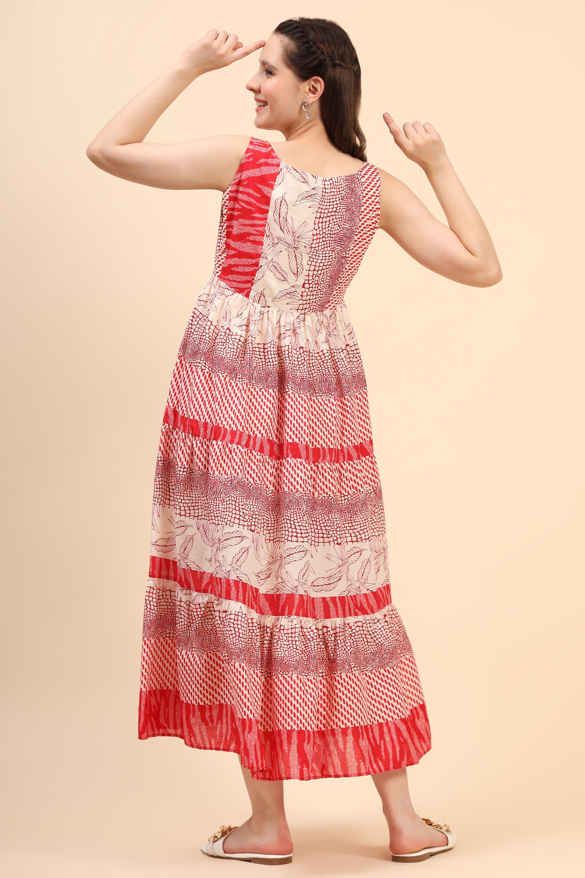 Women's Red And Cream Gather Dress In Cambric - MIRACOLOS by Ruchi