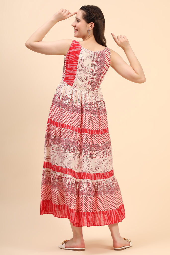 Women's Red And Cream Gather Dress In Cambric