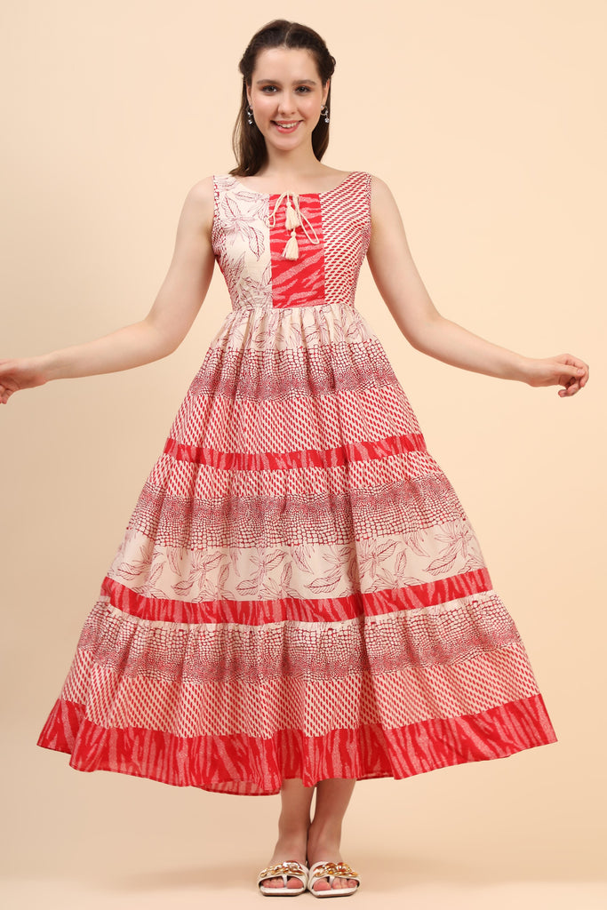 Women's Red And Cream Gather Dress In Cambric