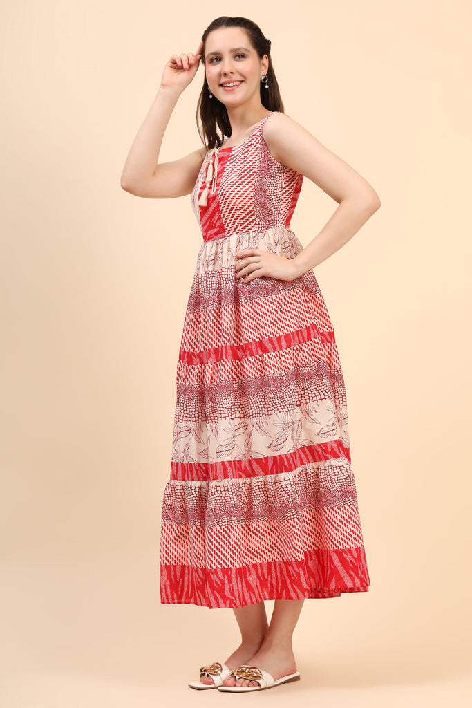 Women's Red And Cream Gather Dress In Cambric