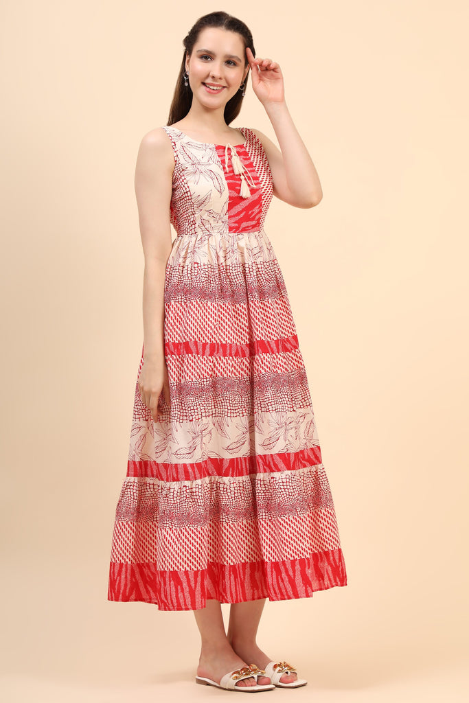 Women's Red And Cream Gather Dress In Cambric