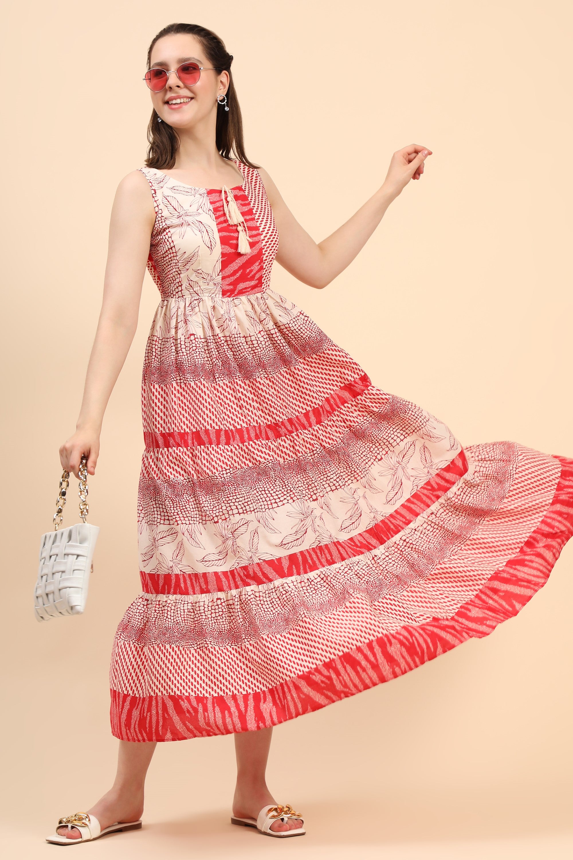 Women's Red And Cream Gather Dress In Cambric - MIRACOLOS by Ruchi