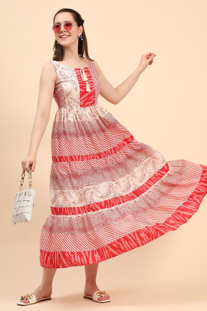 Women's Red And Cream Gather Dress In Cambric