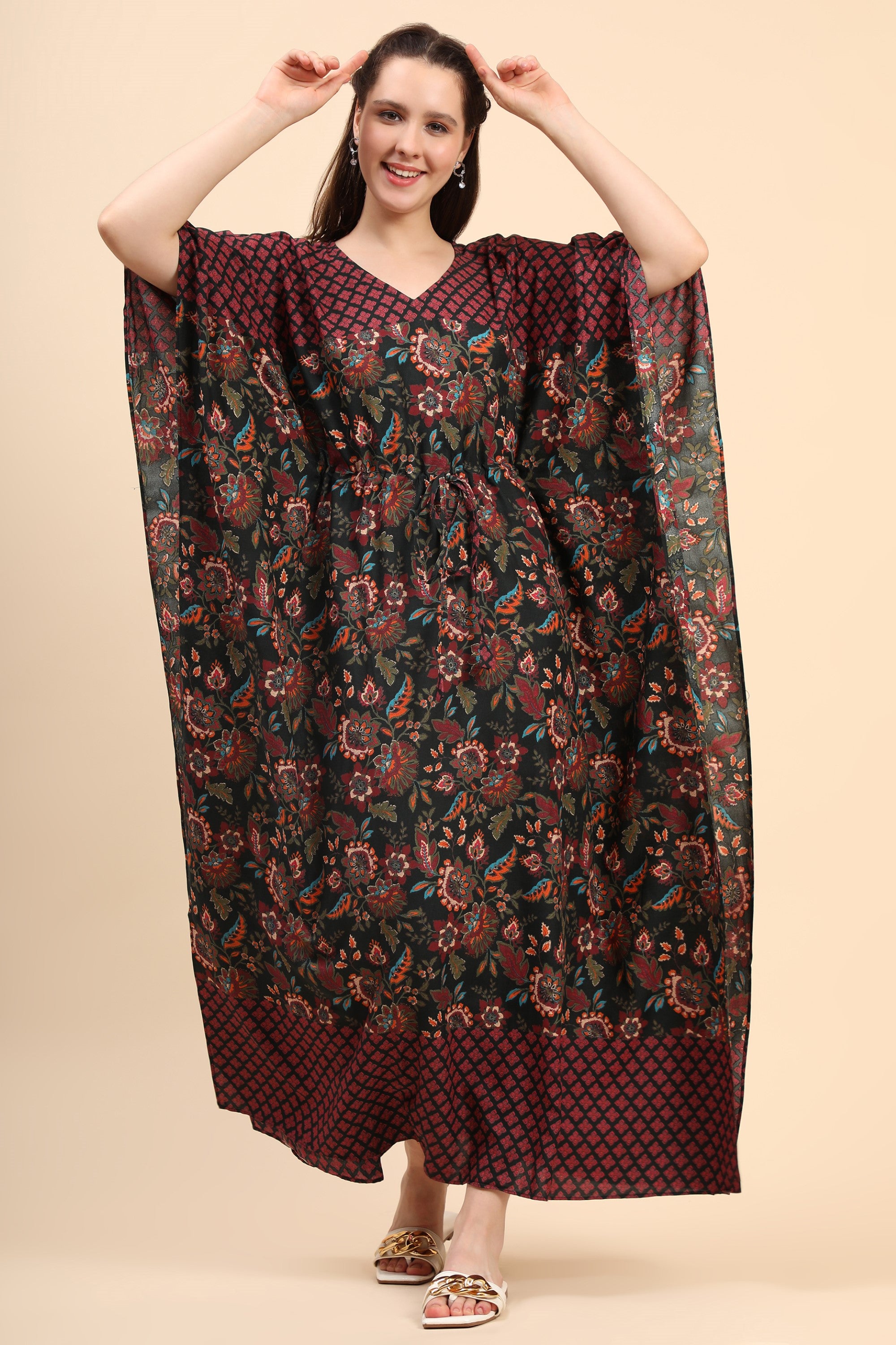 Women's Floral Print Rayon Long Kaftan In Green Base And Border - MIRACOLOS by Ruchi