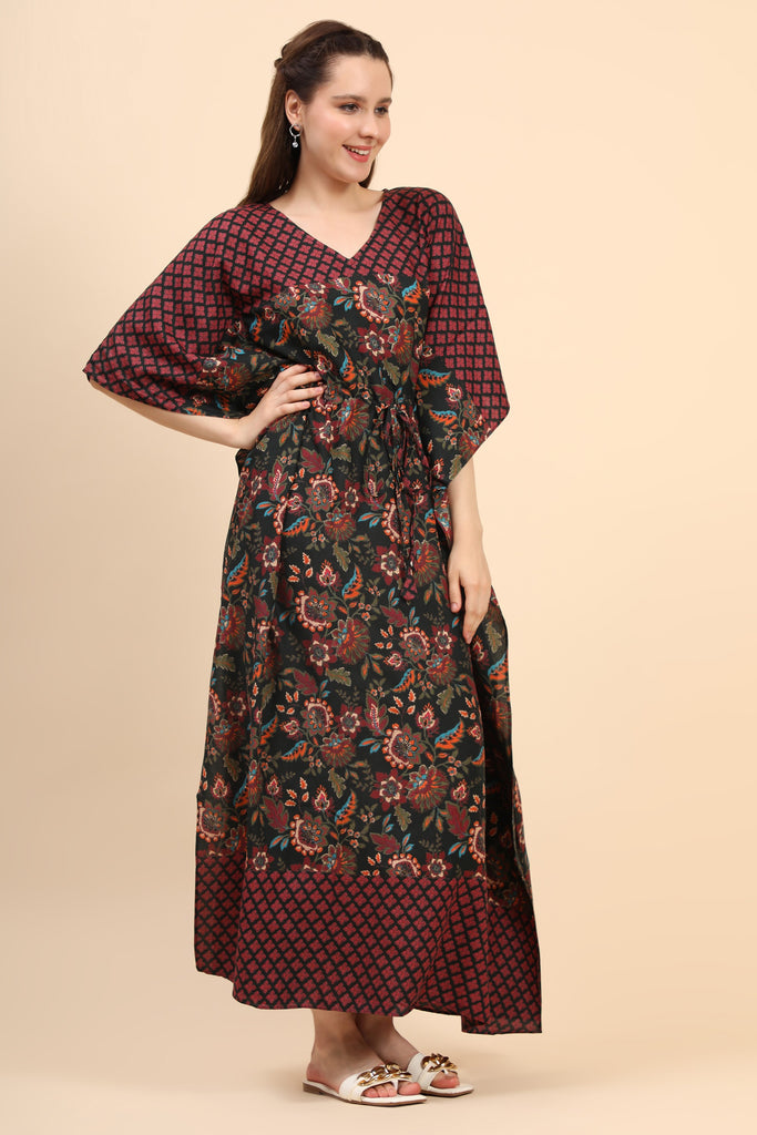 Women's Floral Print Rayon Long Kaftan In Green Base And Border