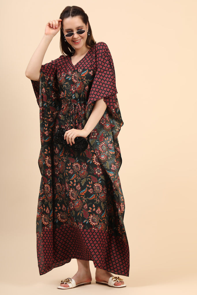Women's Floral Print Rayon Long Kaftan In Green Base And Border