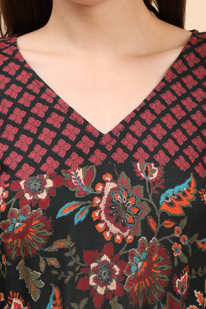 Women's Floral Print Rayon Long Kaftan In Green Base And Border