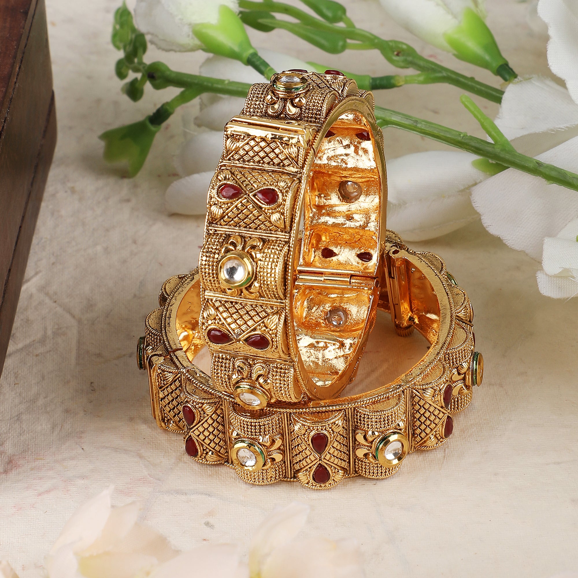Women's Set Of 2 24 Ct Gold-Plated & Red Stone-Studded Bangles - Anikas Creation