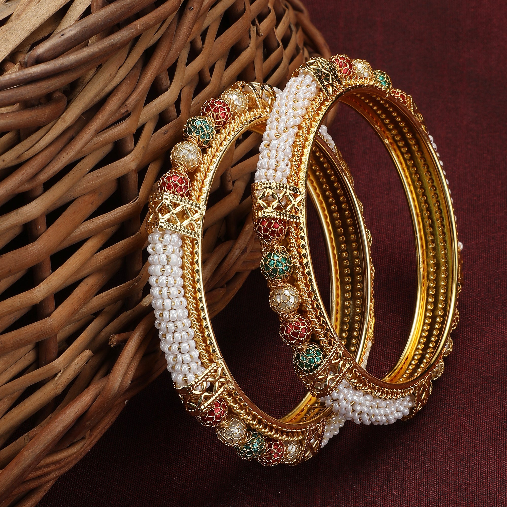 Women's Set Of 2 Gold Plated Pearl Studded & Beaded Bangles - Anikas Creation