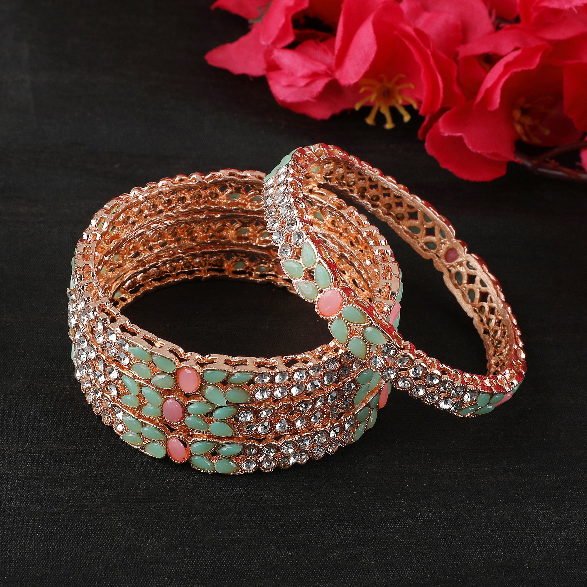 Women's Set Of 2 Rose Gold-Plated & Sea-Green Baby Pink Ad-Studded Bangles - Anikas Creation