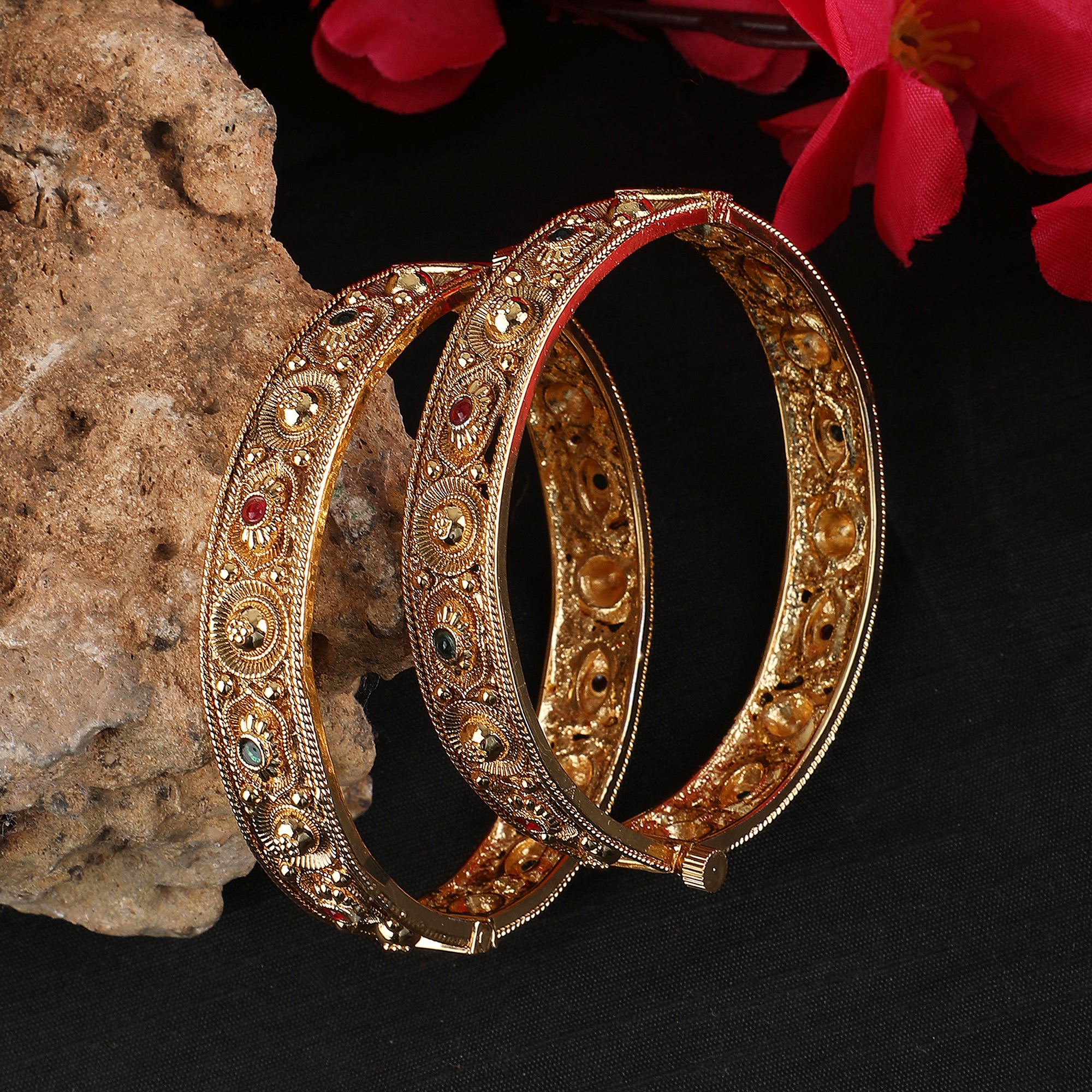 Women's Set Of 2 24K Gold-Plated & Pink Stone-Studded Hand Crafted Filigree Bangles - Anikas Creation