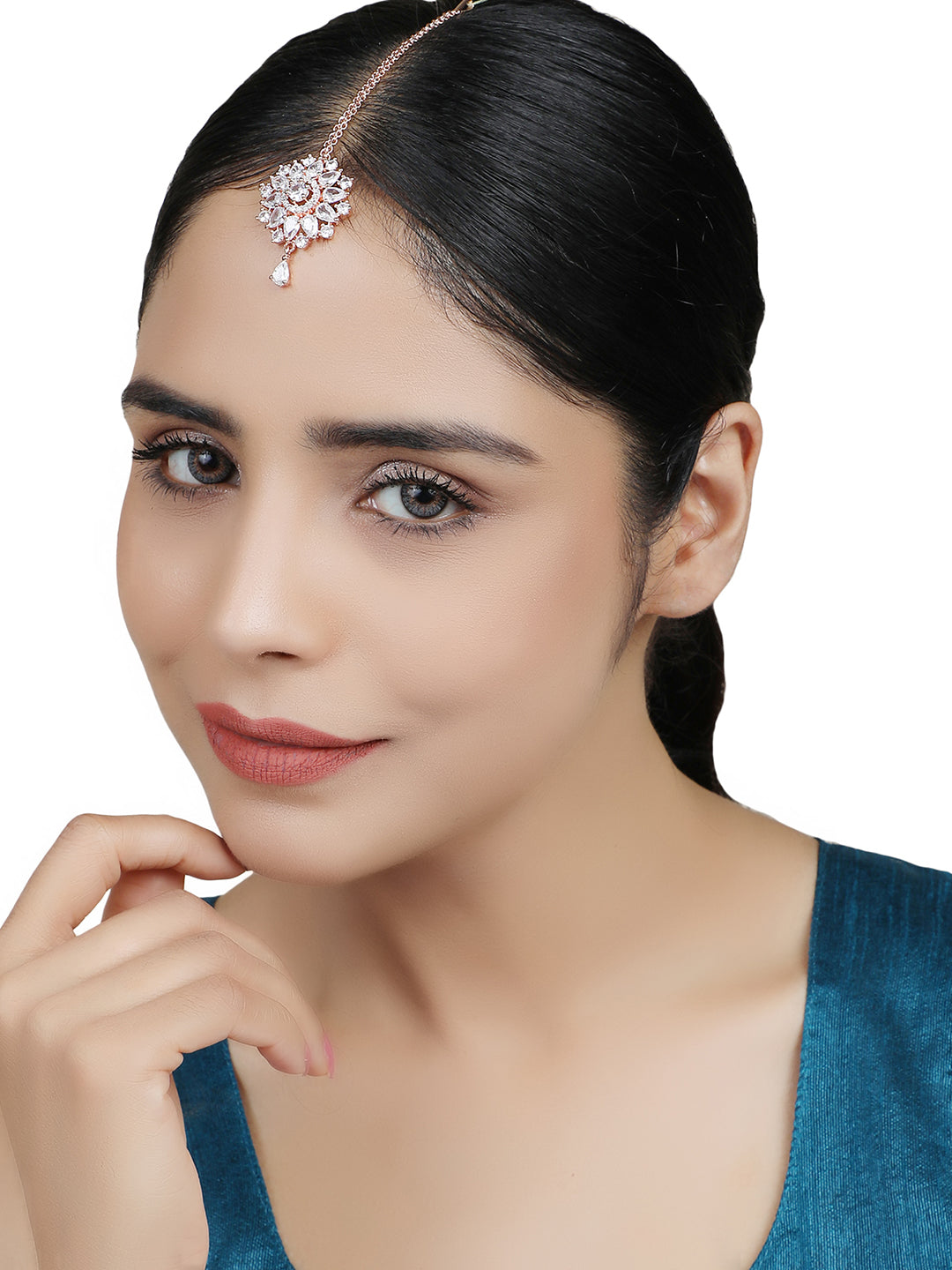 Women's Rose Gold-Plated White Cz & Ad-Studded Hand Crafted Maangtikka - Anikas Creation