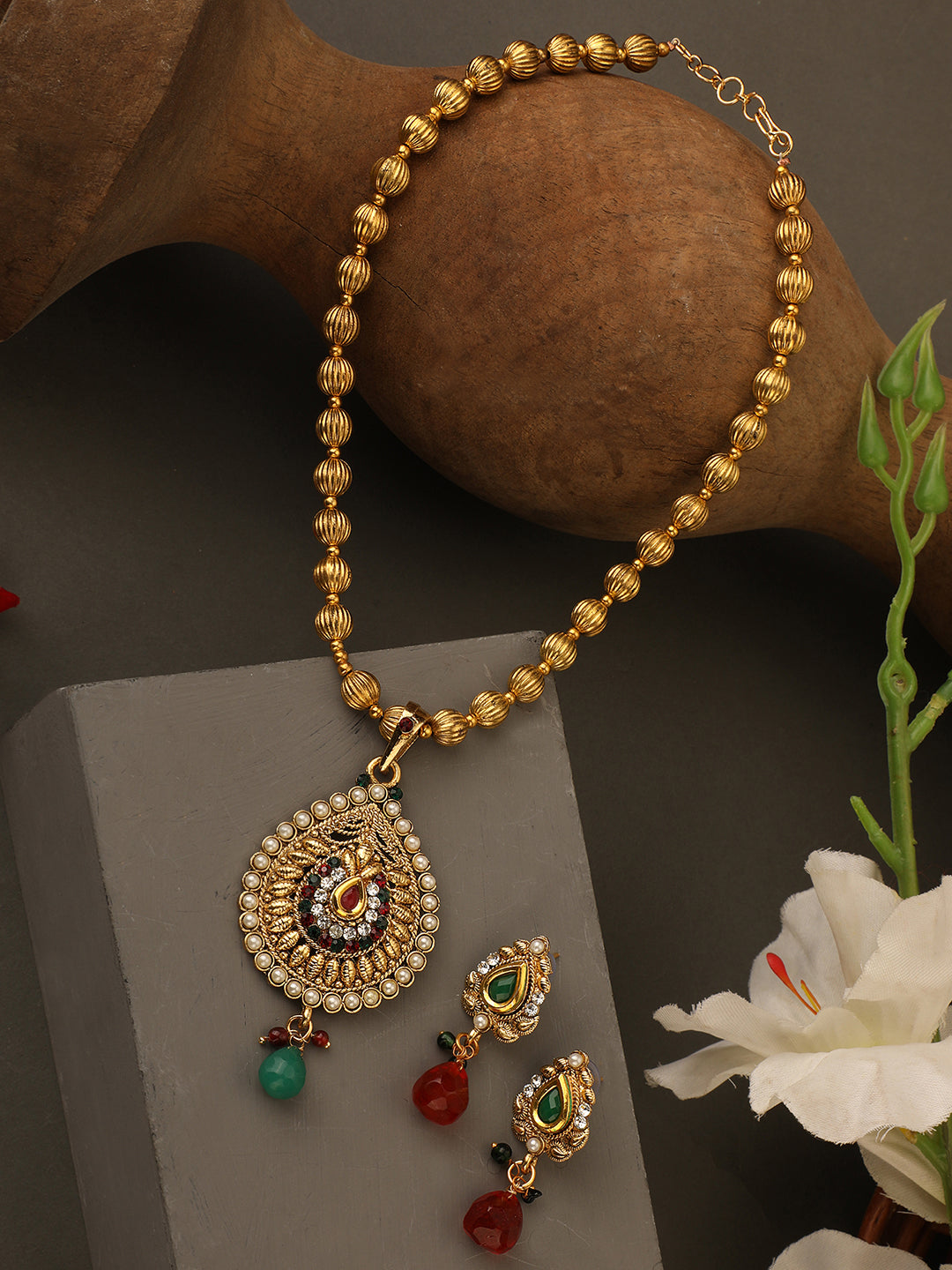 Women's Gold Plated Multi Colour Traditional Pearl Pendant Set With Earrings - Anikas Creation