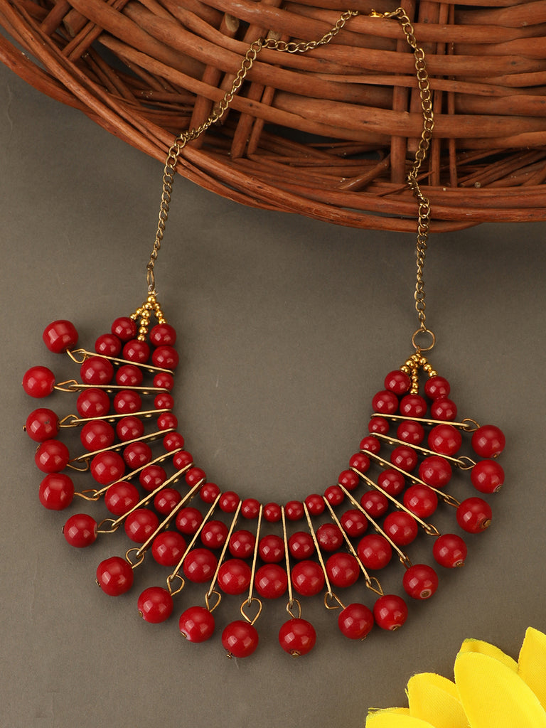 Women's Designer Red Bead Stacked Gold-Plated Collar Necklace