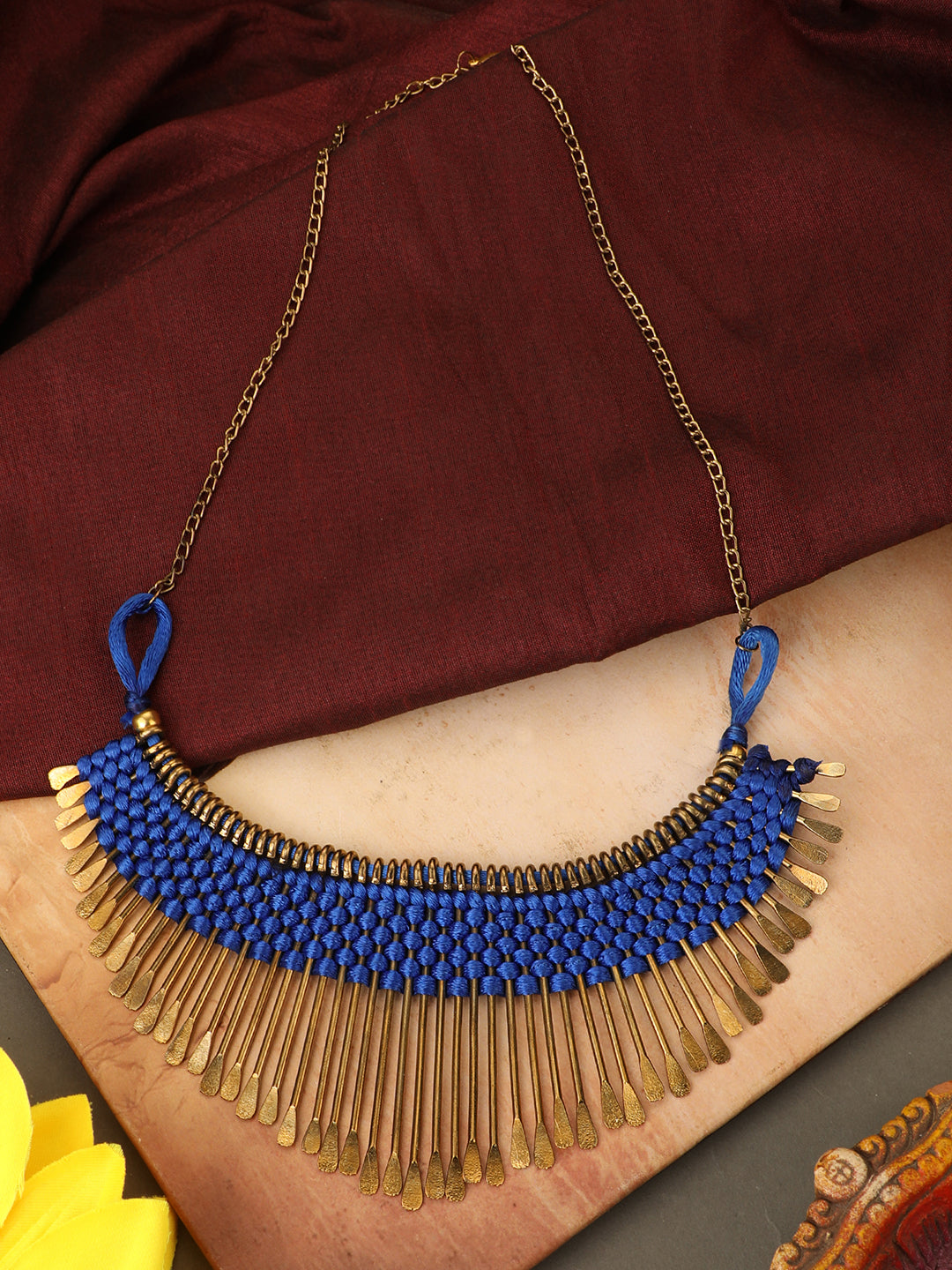 Women's Stylish Gold Plated Thread Work Designer Blue Necklace - Anikas Creation