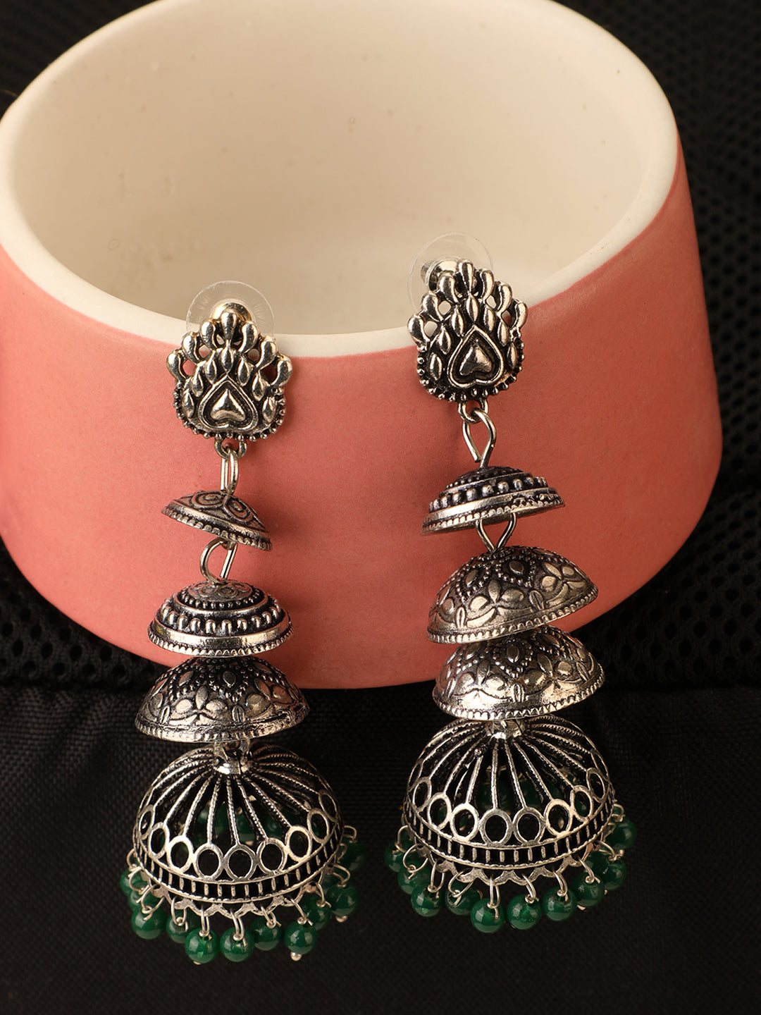 Women's Designer Silver Tone Oxidised Green Bead Jhumka Earring - Anikas Creation