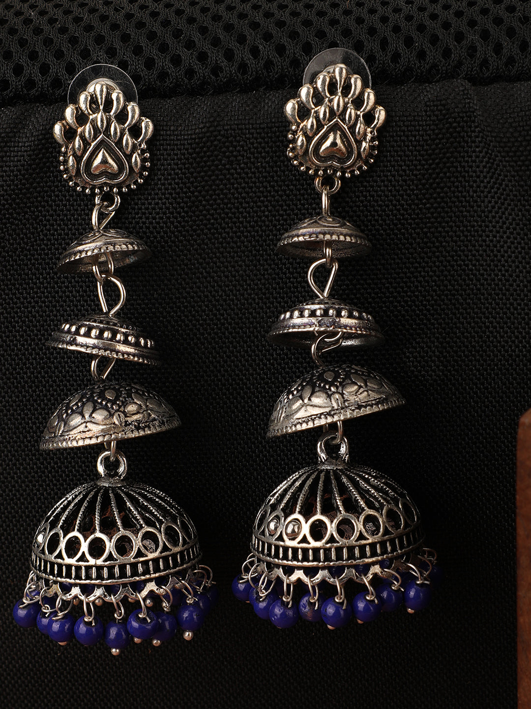 Women's Designer Silver Tone Oxidised Blue Bead Jhumka Earring - Anikas Creation