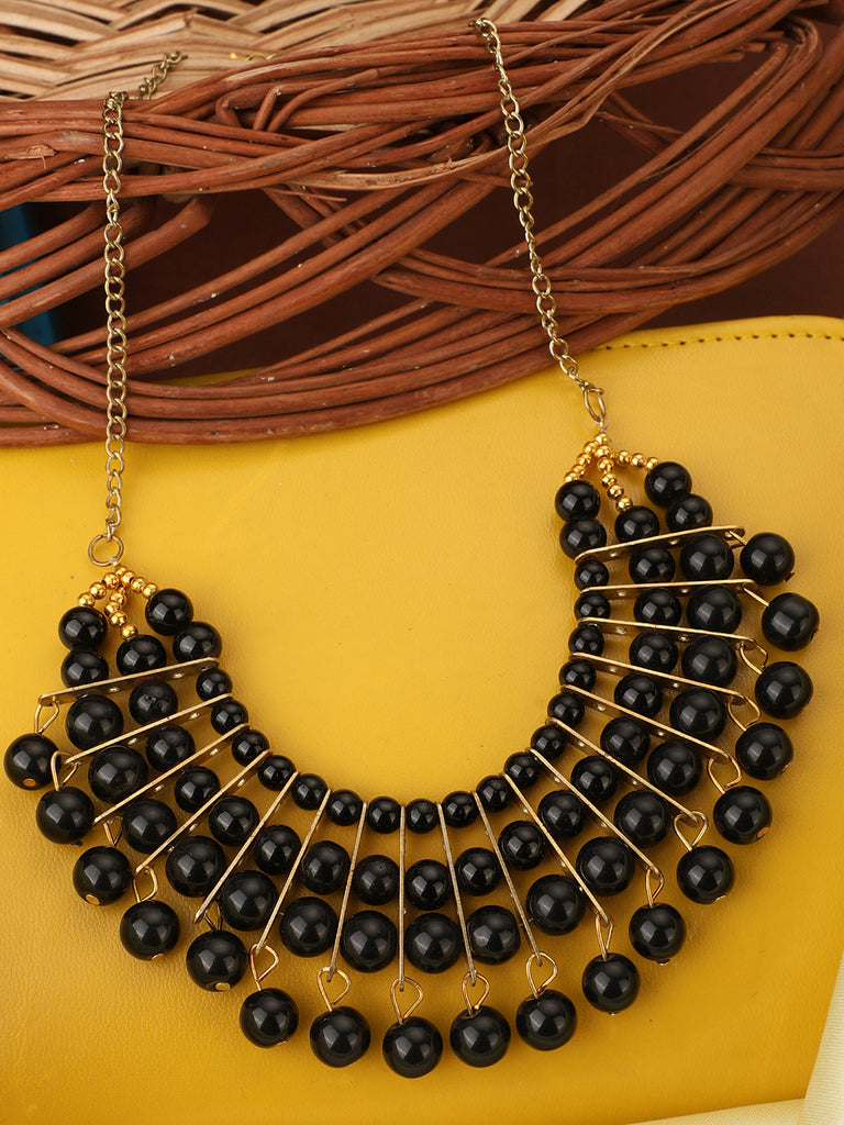Women's Designer Black Bead Stacked Gold-Plated Collar Necklace