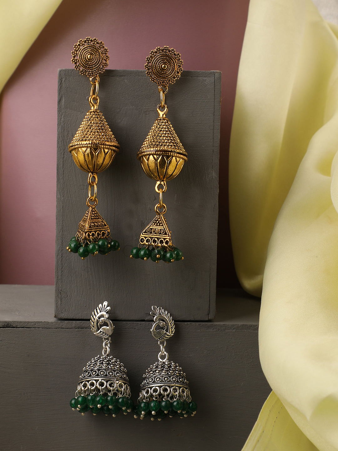 Women's Set Of 2 Oxidised Silver And Gold Plated Pearl Jhumka Earring - Anikas Creation