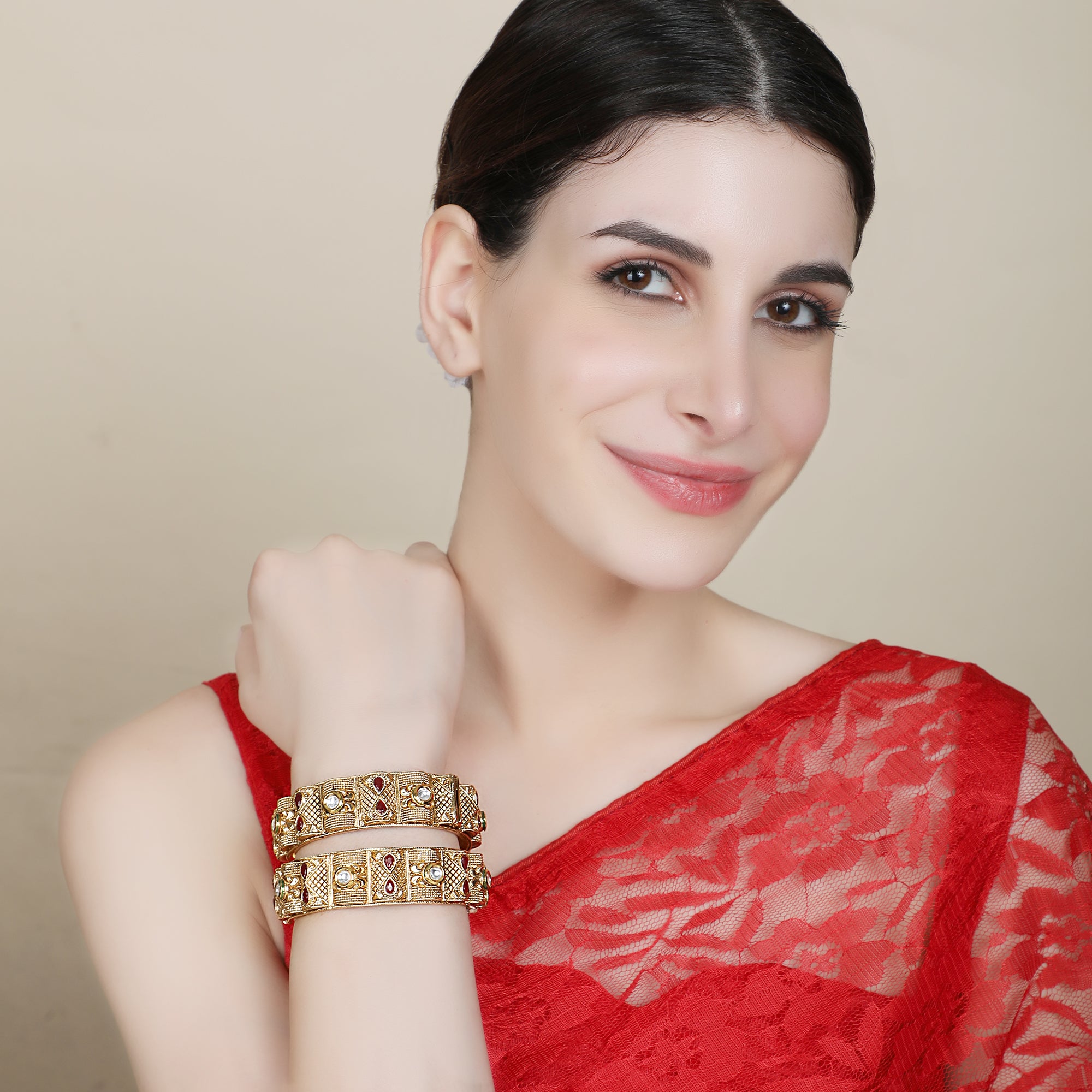 Women's Set Of 2 24 Ct Gold-Plated & Red Stone-Studded Bangles - Anikas Creation