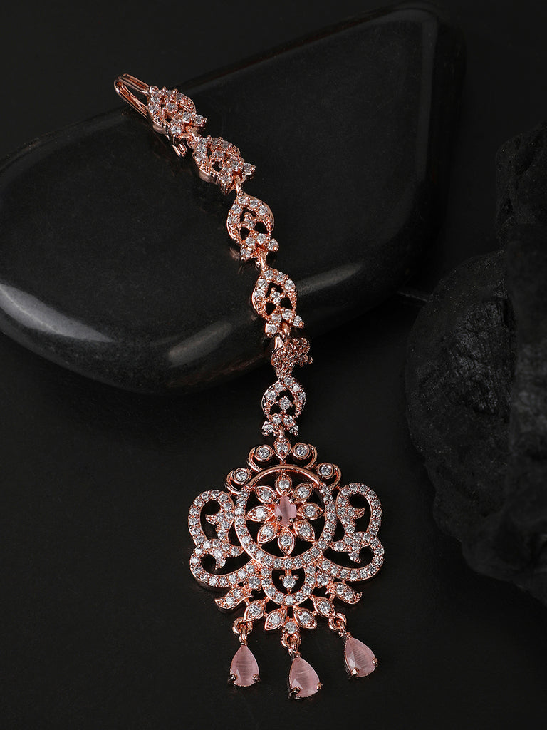 Women's Rosegold Plated Floral Shape Amerivan Diamond Hand Crafted Maangtikka