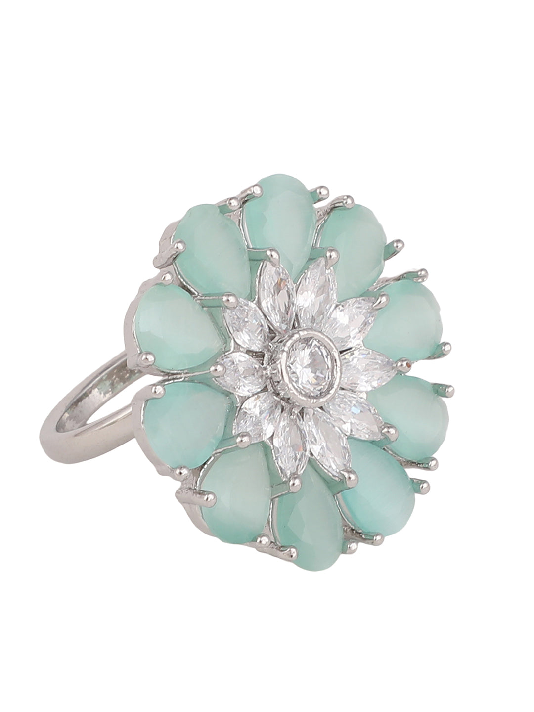 Women's Sea Green Silver-Plated Ad-Studded Hand Crafted Adjustable Finger Ring - Anikas Creation