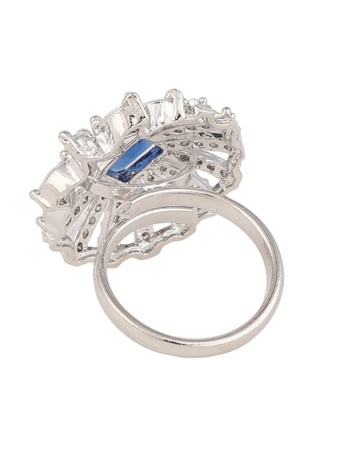 Women's Silver-Plated Blue & White Ad-Studded Hand Crafted Adjustable Finger Ring - Anikas Creation