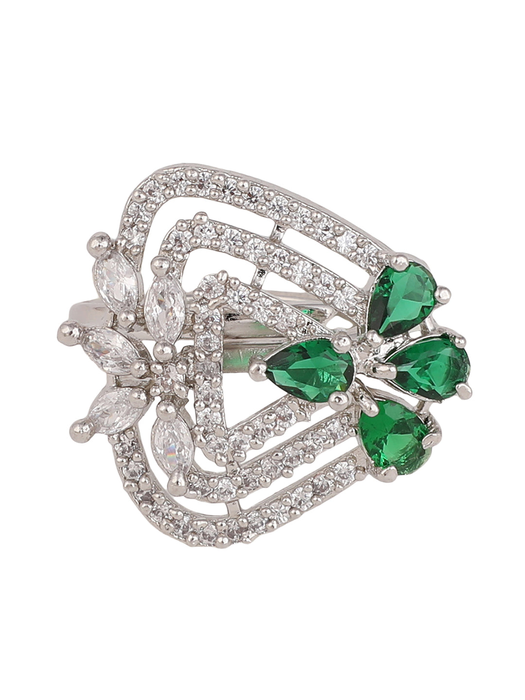 Women's Silver-Plated Green & White Ad-Studded Adjustable Finger Ring - Anikas Creation