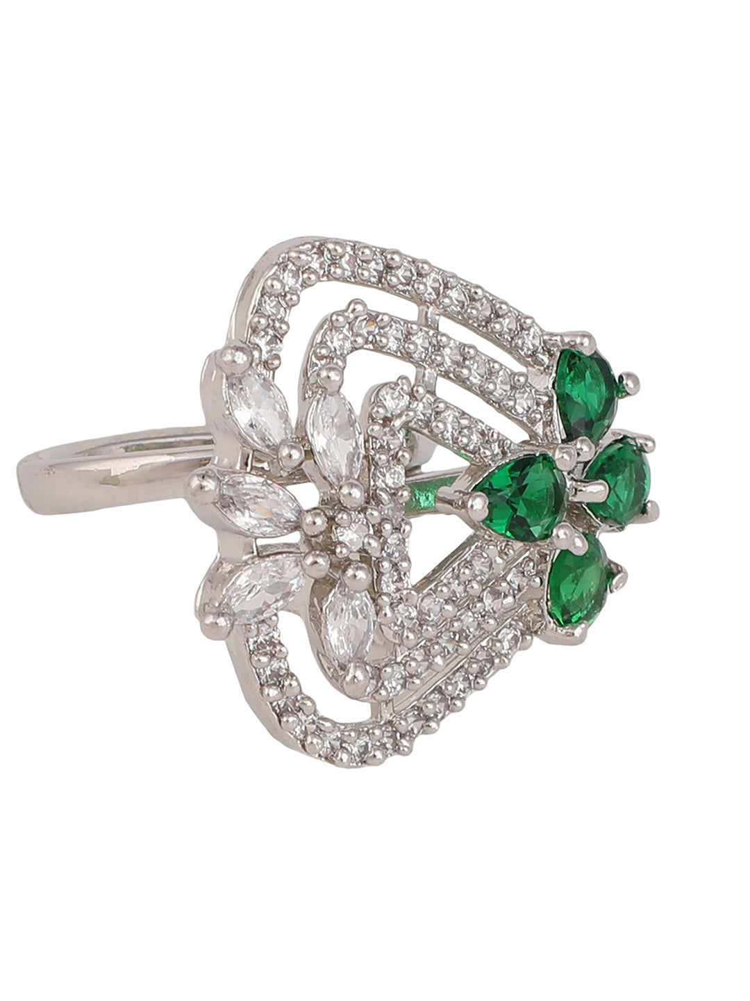 Women's Silver-Plated Green & White Ad-Studded Adjustable Finger Ring - Anikas Creation