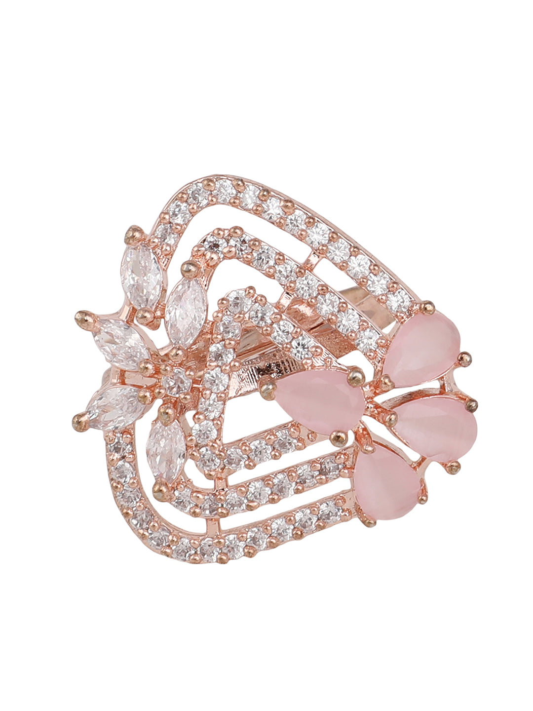 Women's Gold-Plated Pink & White Ad-Studded Adjustable Finger Ring - Anikas Creation