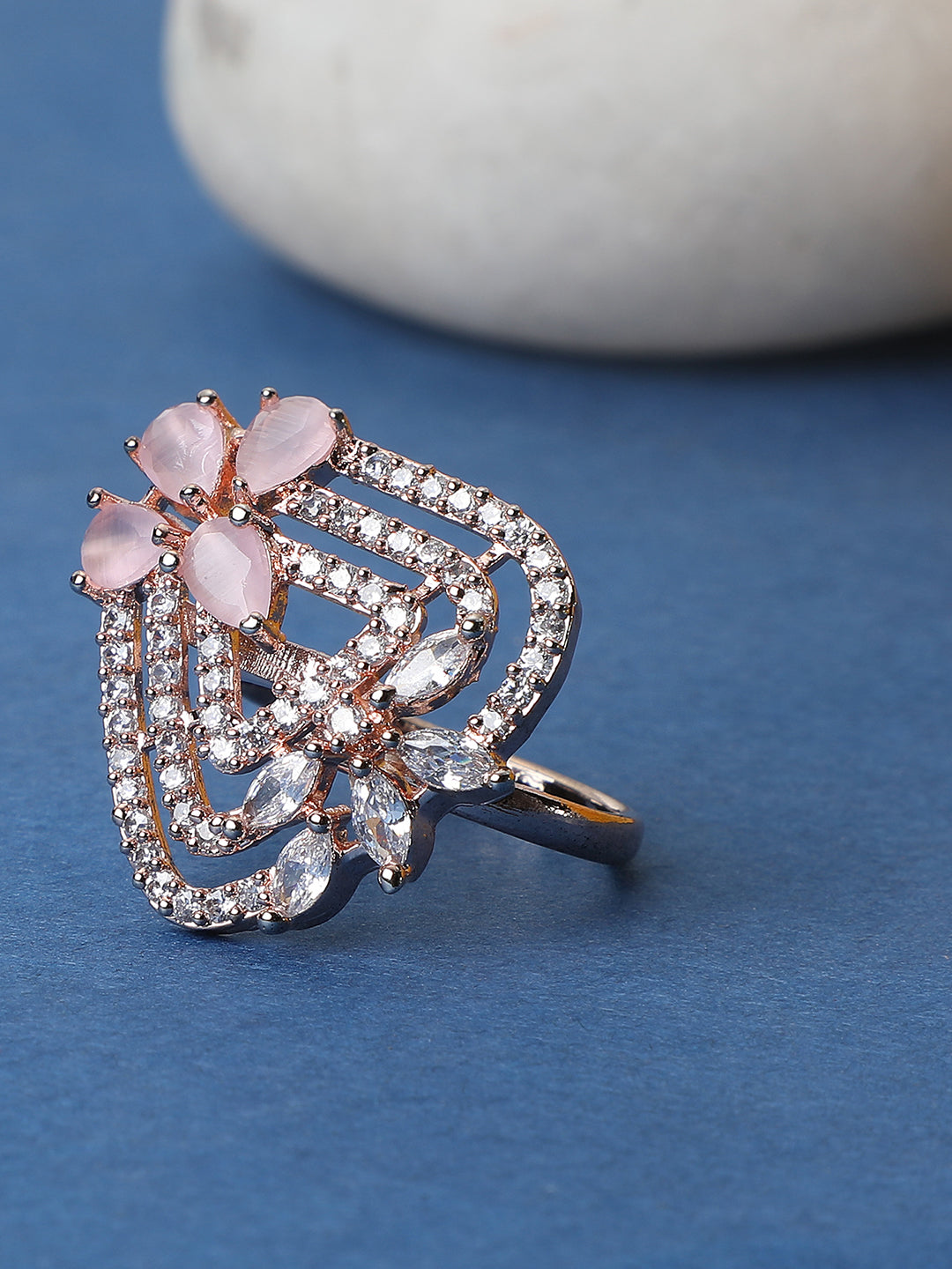 Women's Gold-Plated Pink & White Ad-Studded Adjustable Finger Ring - Anikas Creation