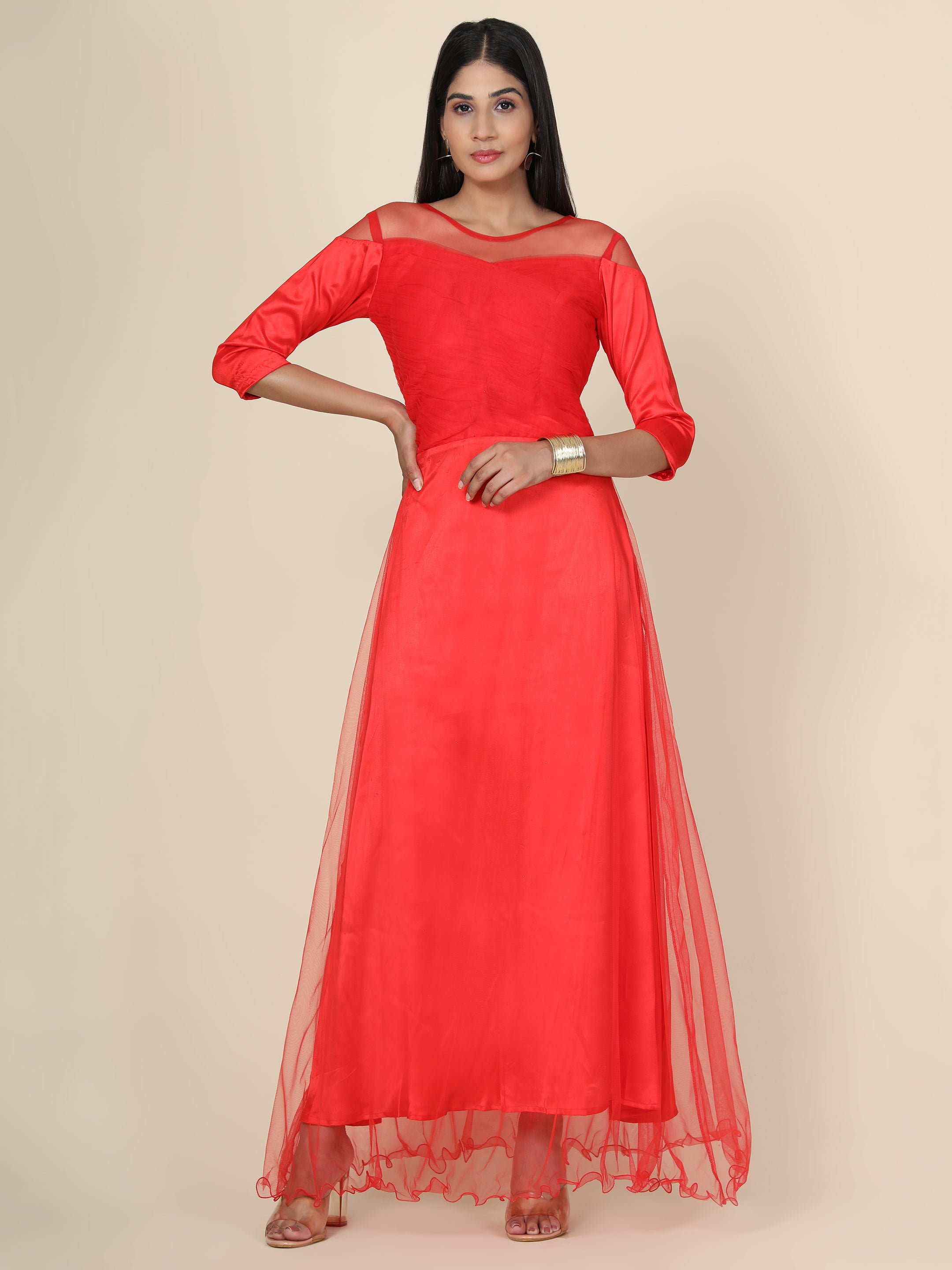 Women's Pleat Draped Red Gown - MIRACOLOS by Ruchi