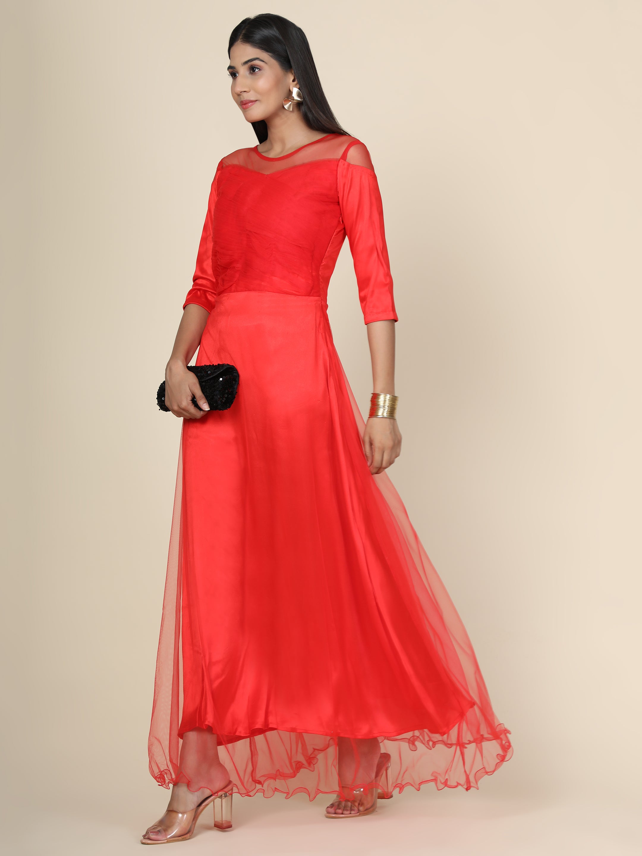 Women's Pleat Draped Red Gown - MIRACOLOS by Ruchi