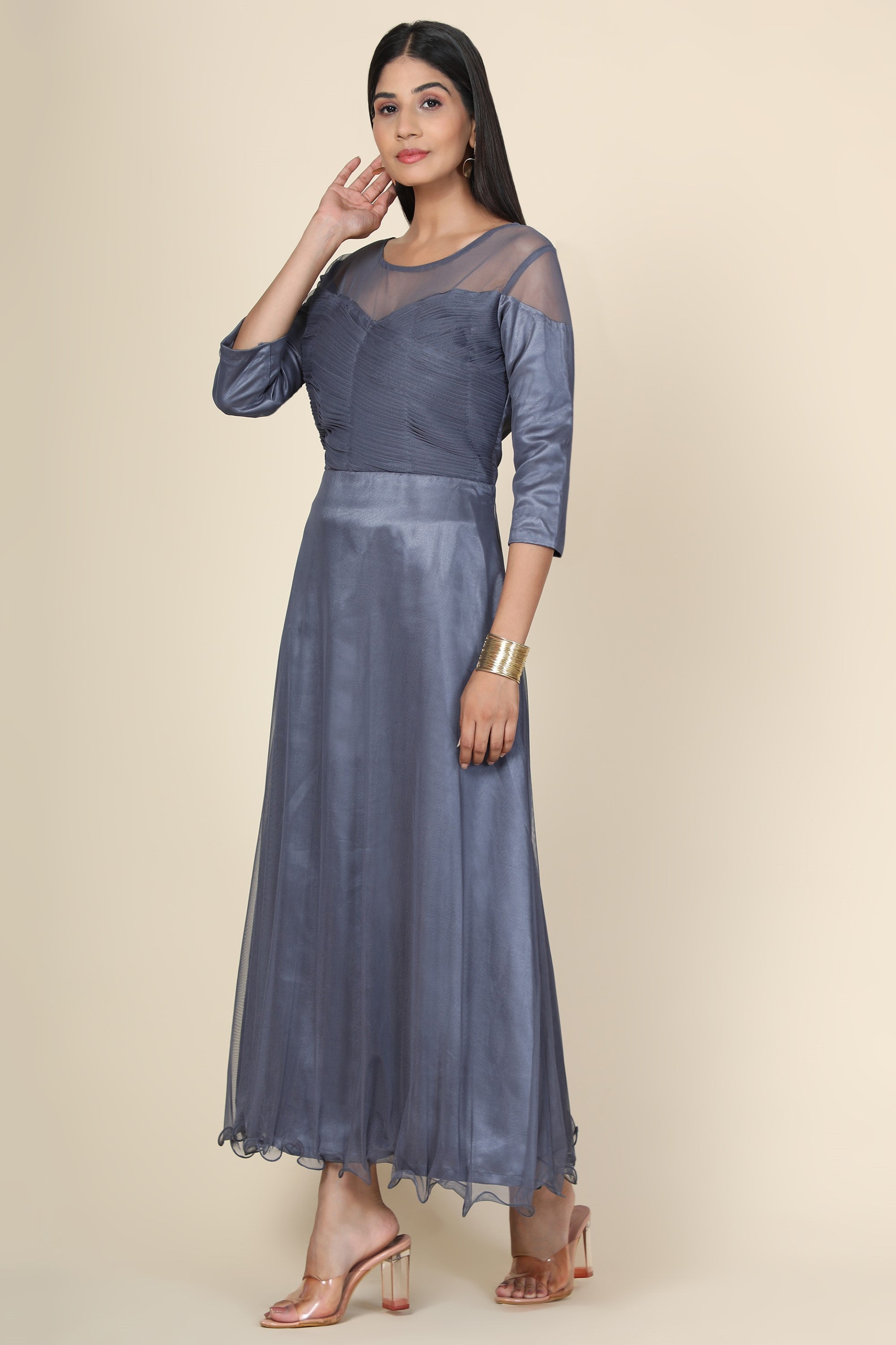 Women's Pleat Draped Grey Gown - MIRACOLOS by Ruchi