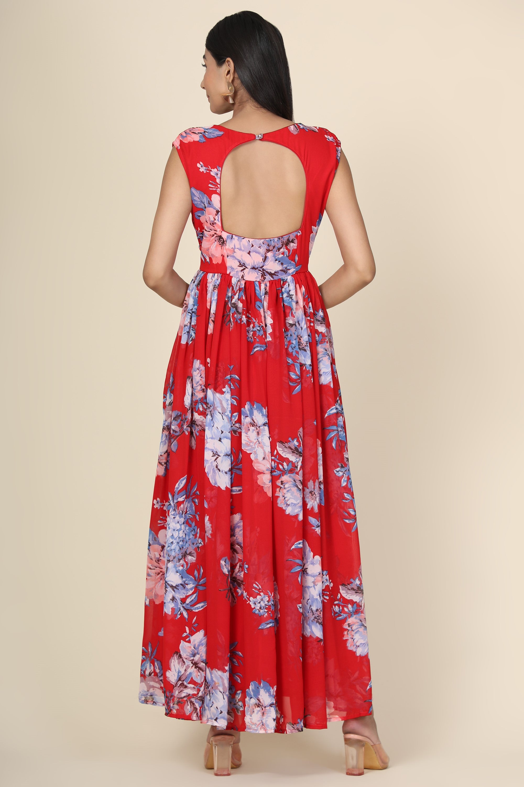 Women's Floral Printed Chiffon  Gown In Red Base - MIRACOLOS by Ruchi