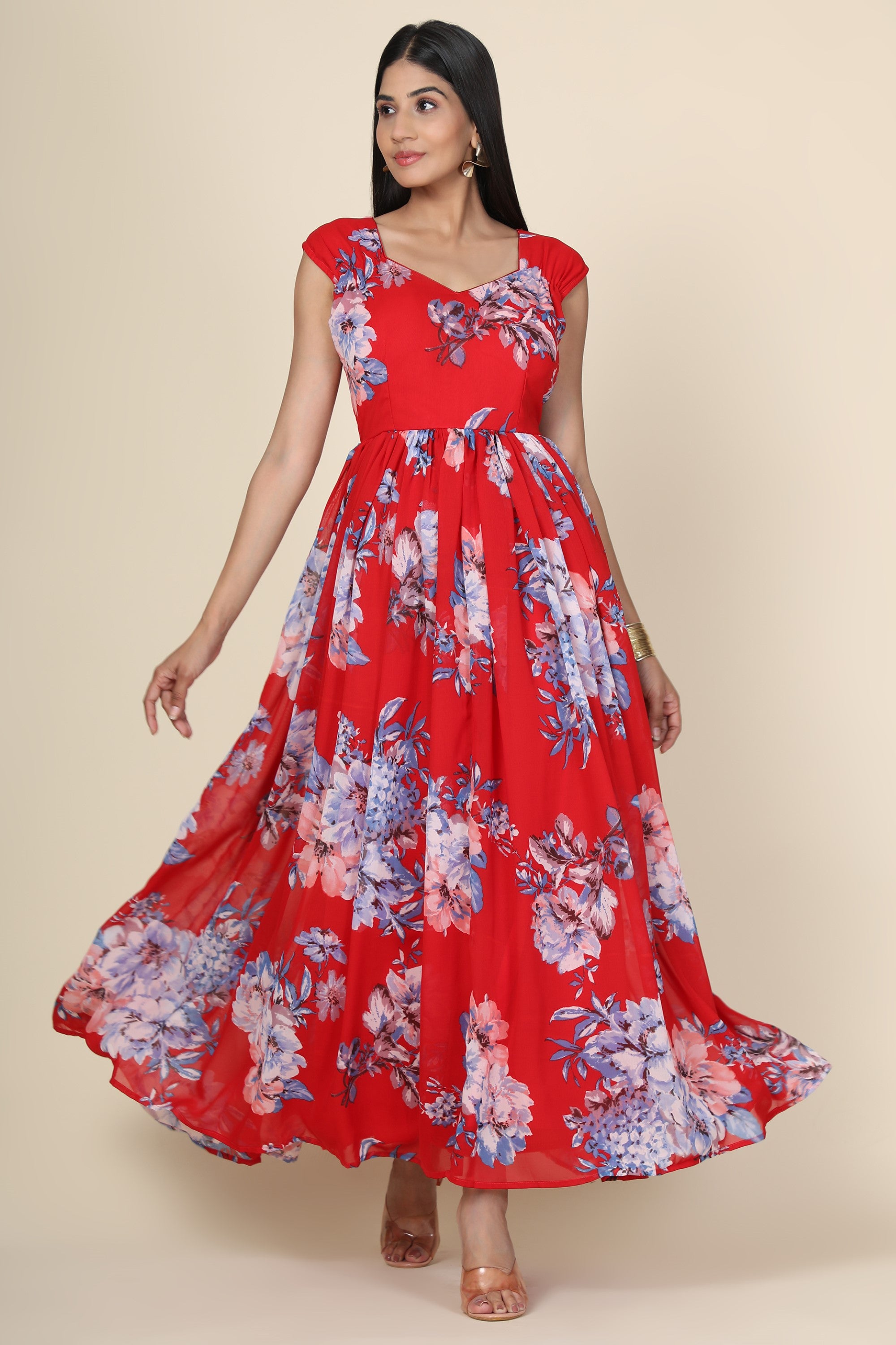 Women's Floral Printed Chiffon  Gown In Red Base