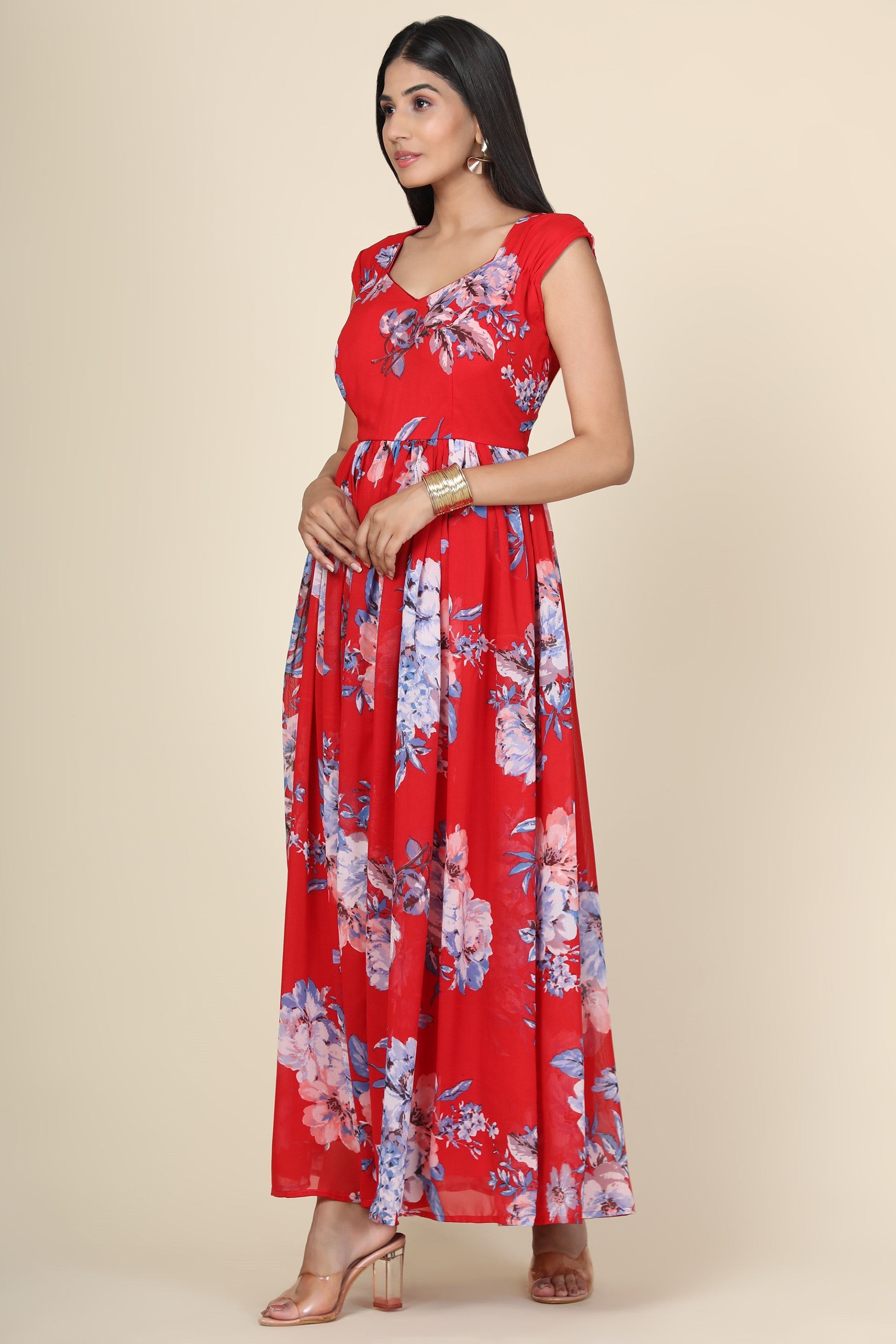 Women's Floral Printed Chiffon  Gown In Red Base - MIRACOLOS by Ruchi