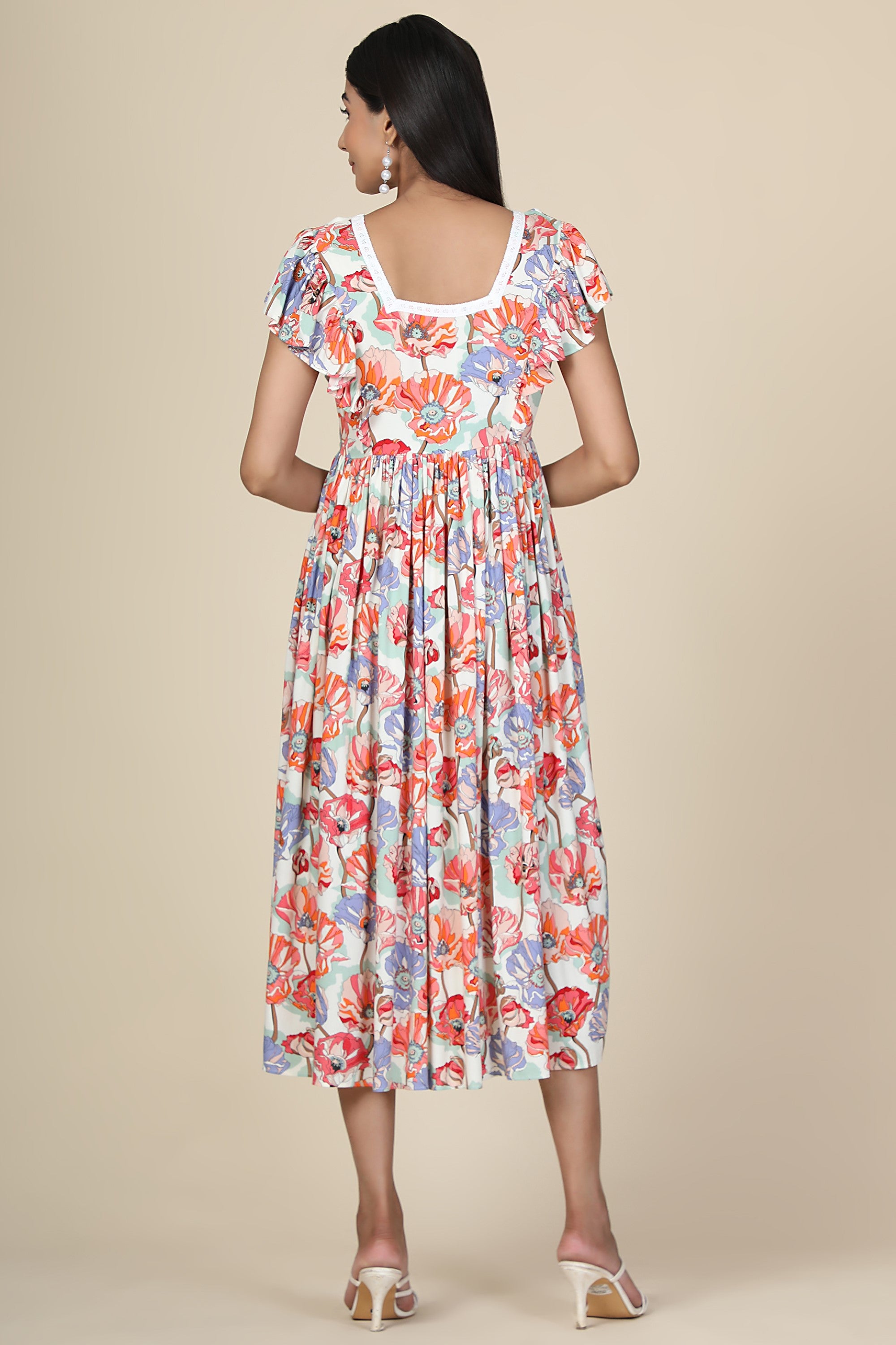 Women's Rayon Floral Dress With Ruffles At Yoke And Sleeves  - MIRACOLOS by Ruchi
