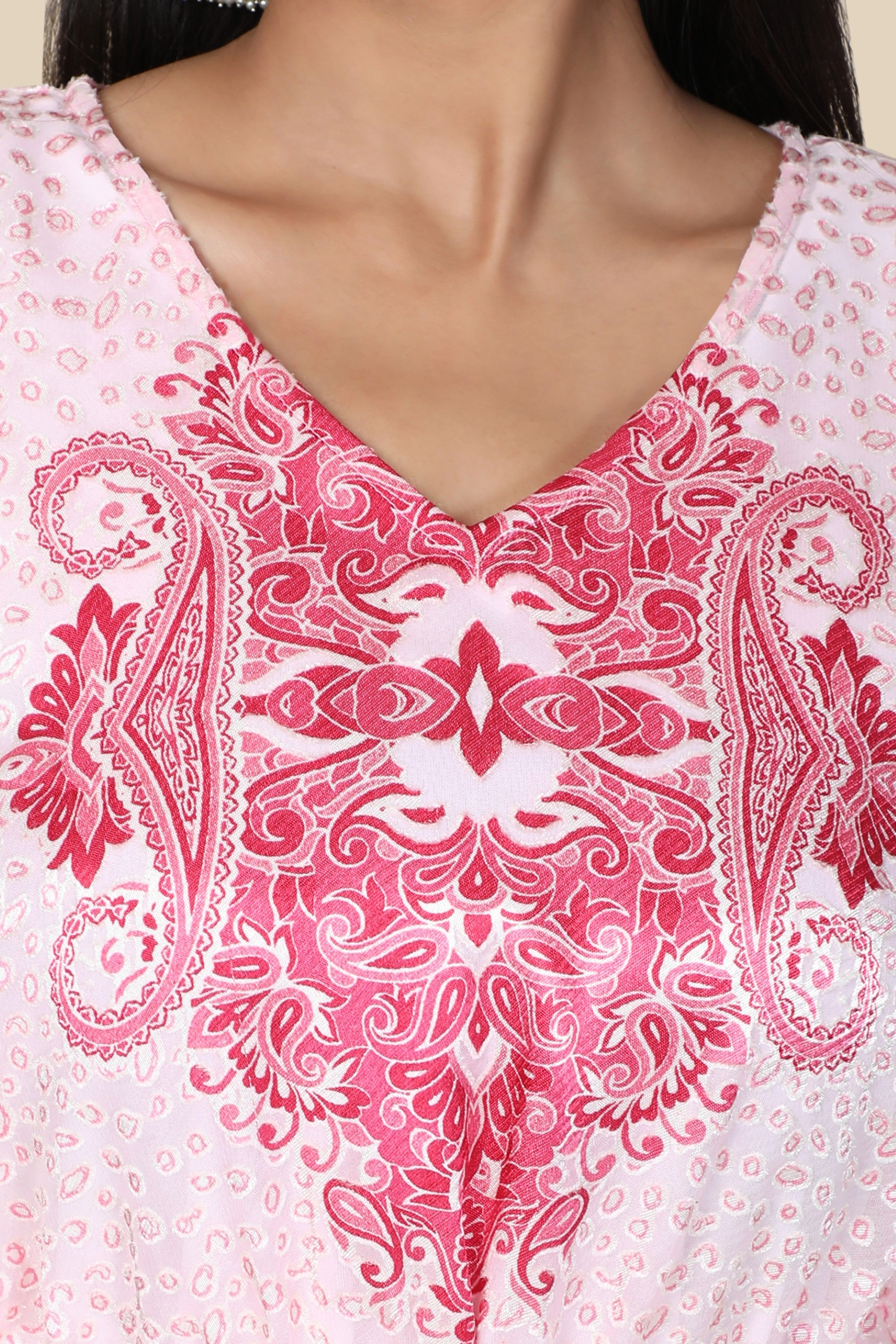 Women's Baby Pink Printed Long Kaftan In Georgette Brasso Self Fabric With Inner - MIRACOLOS by Ruchi