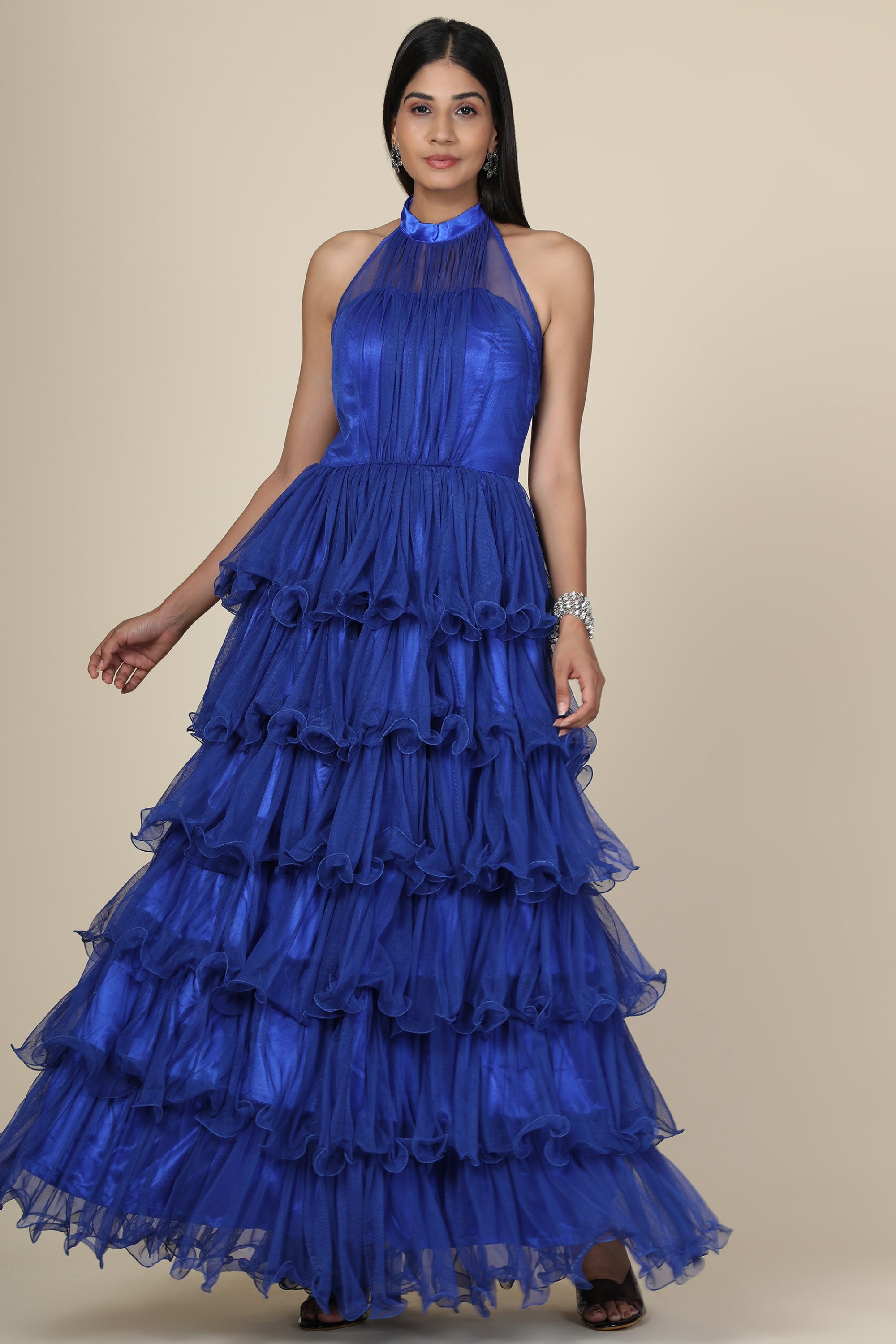 Women's Halter Neck Drape Net Corset Gown In Dark Blue M